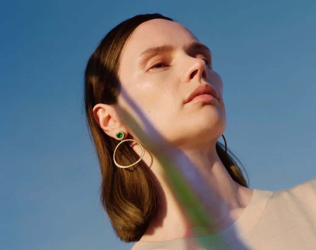 Sandy Leong Diamond Pave Origin Hoops with Emerald and Diamond Studs Online