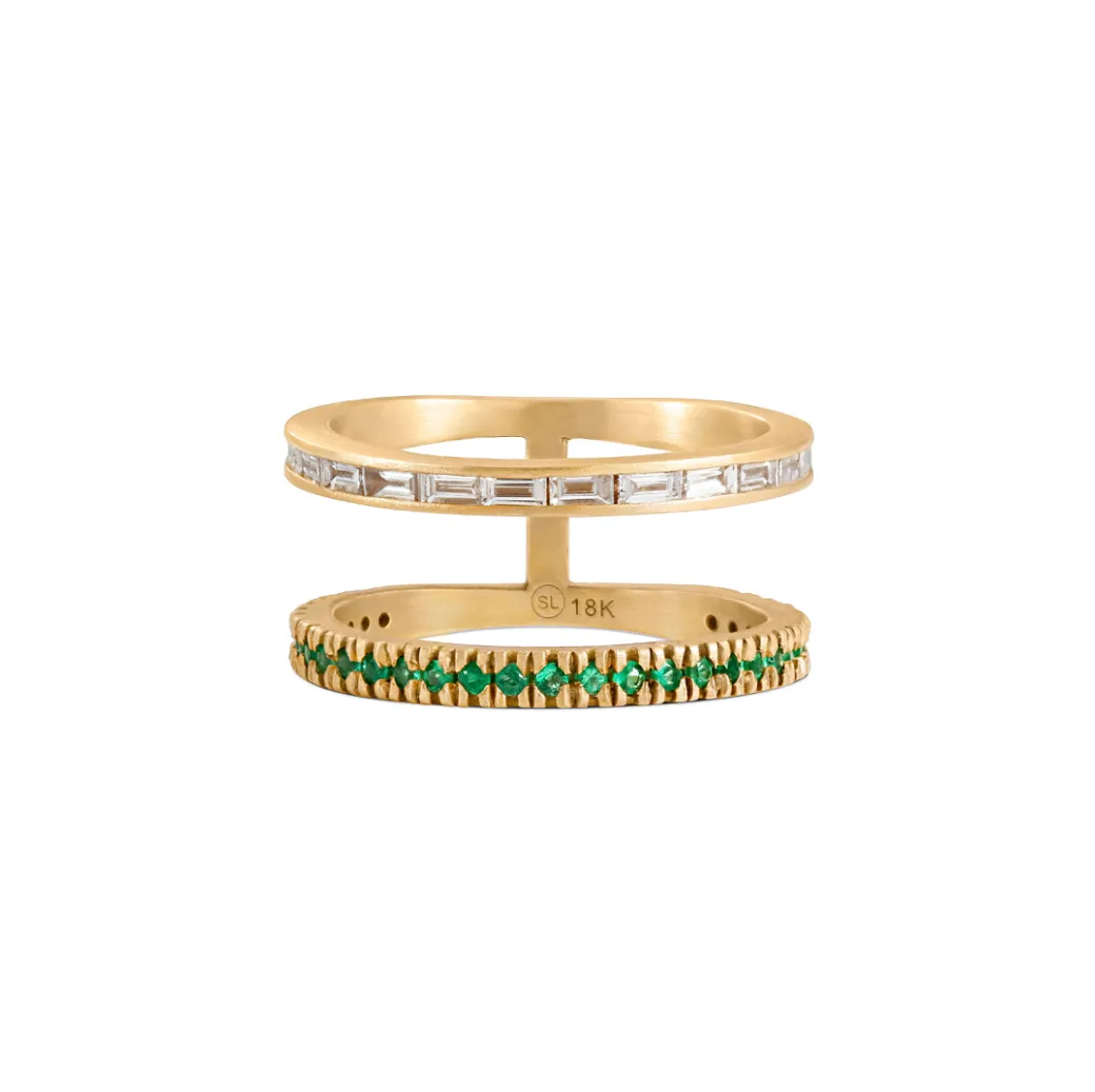 Sandy Leong Emerald and Diamond Baguette Double Bar Ring Sale