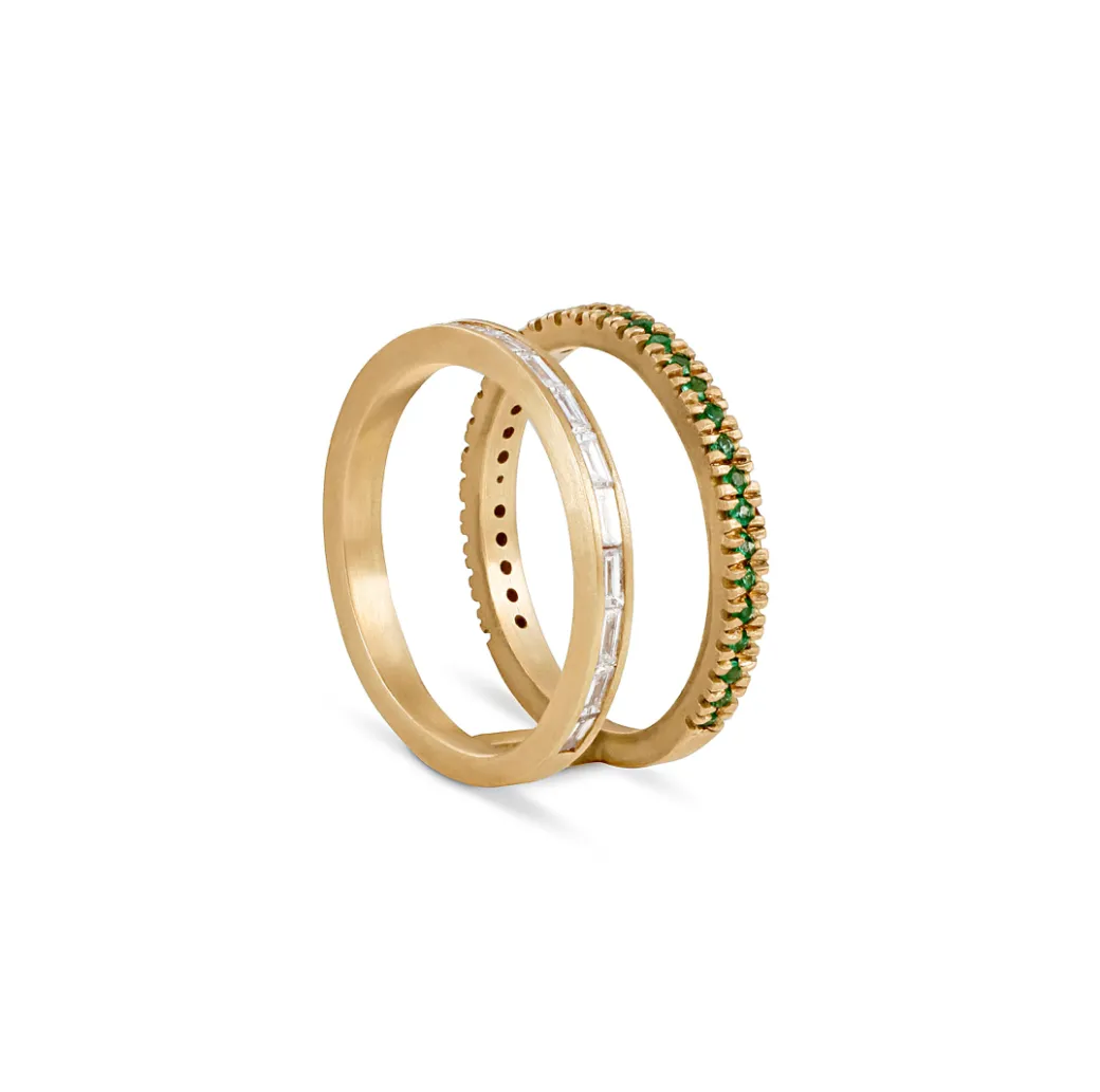 Sandy Leong Emerald and Diamond Baguette Double Bar Ring Sale