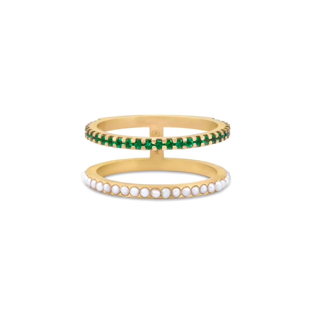 Sandy Leong Pearl and Emerald Double Bar Ring New