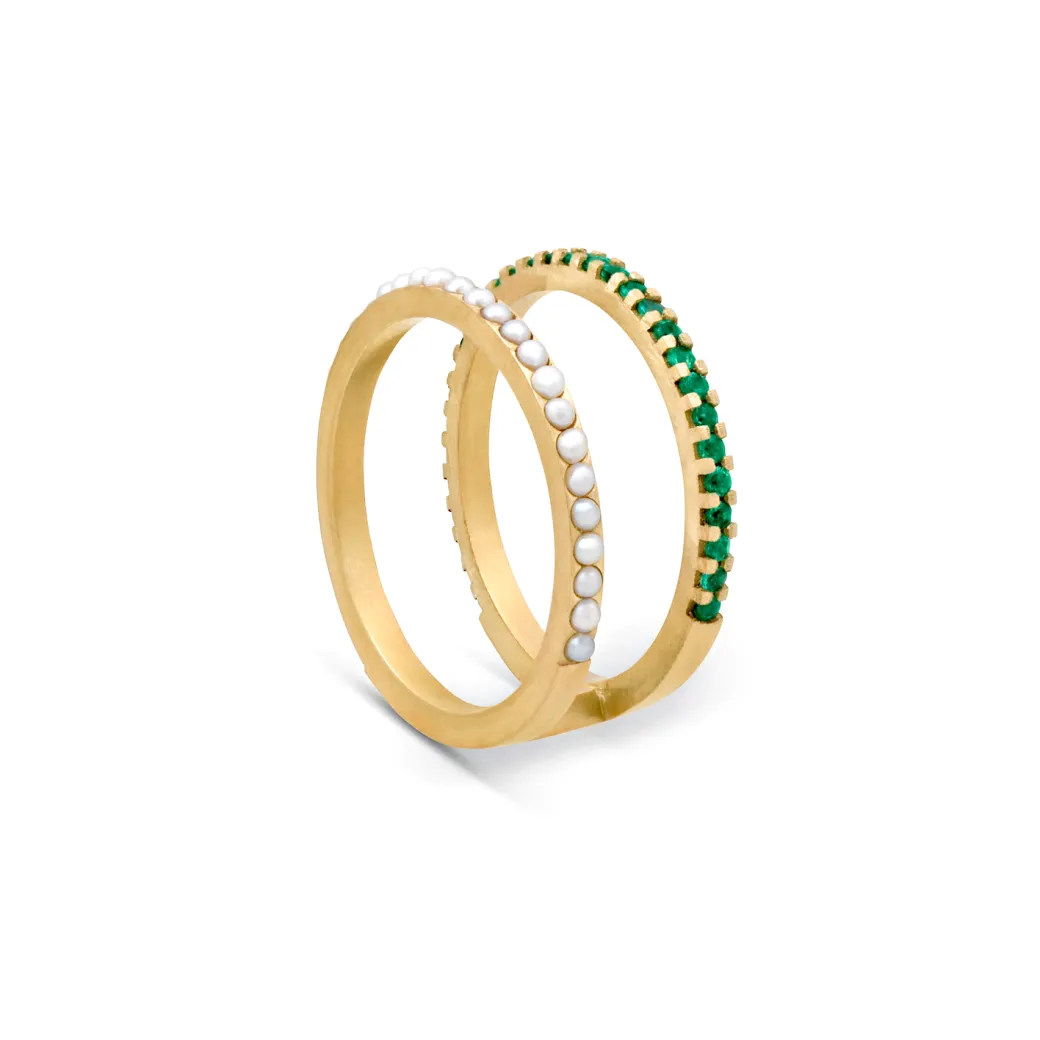 Sandy Leong Pearl and Emerald Double Bar Ring New