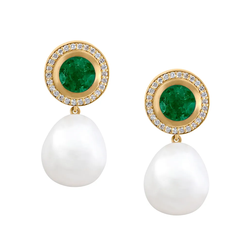 Sandy Leong Pearl Drop Earrings with Emerald and Diamond Studs Best