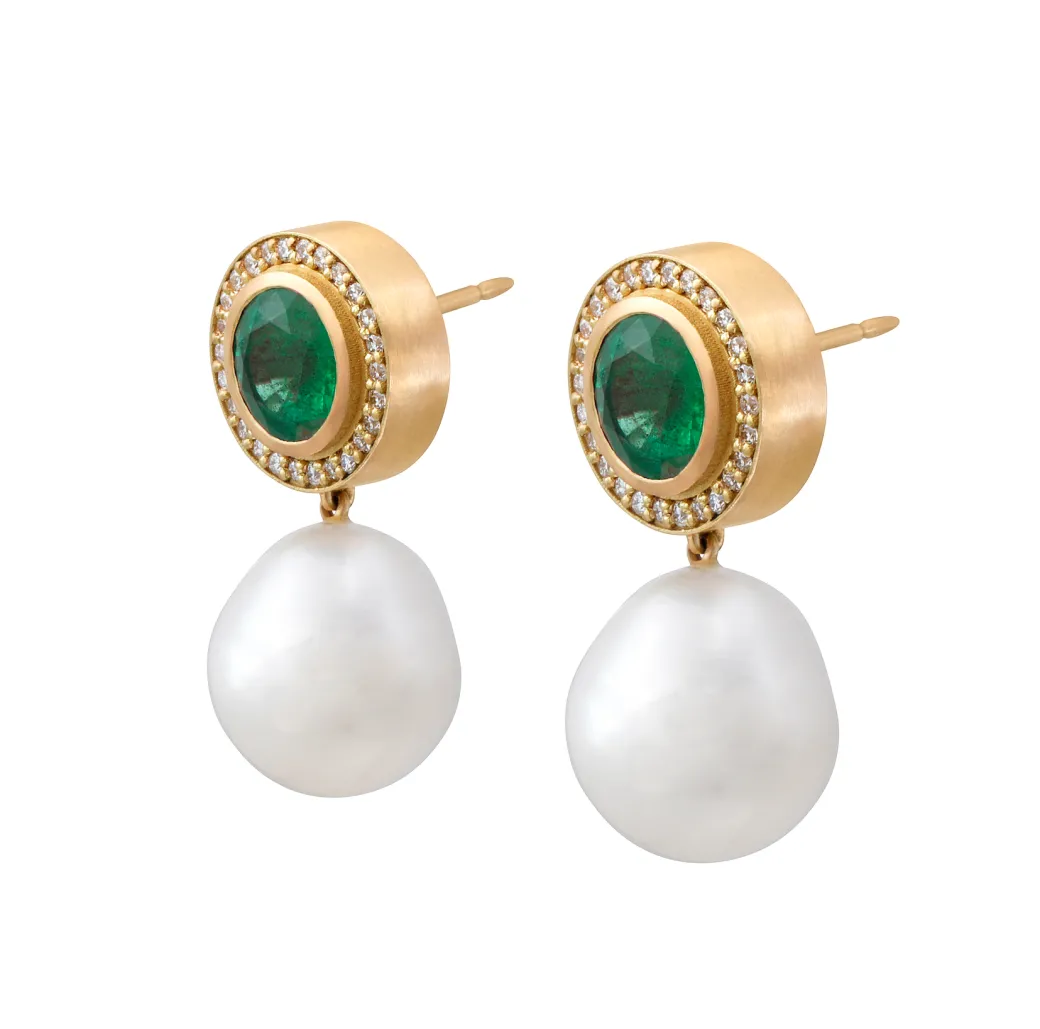 Sandy Leong Pearl Drop Earrings with Emerald and Diamond Studs Best