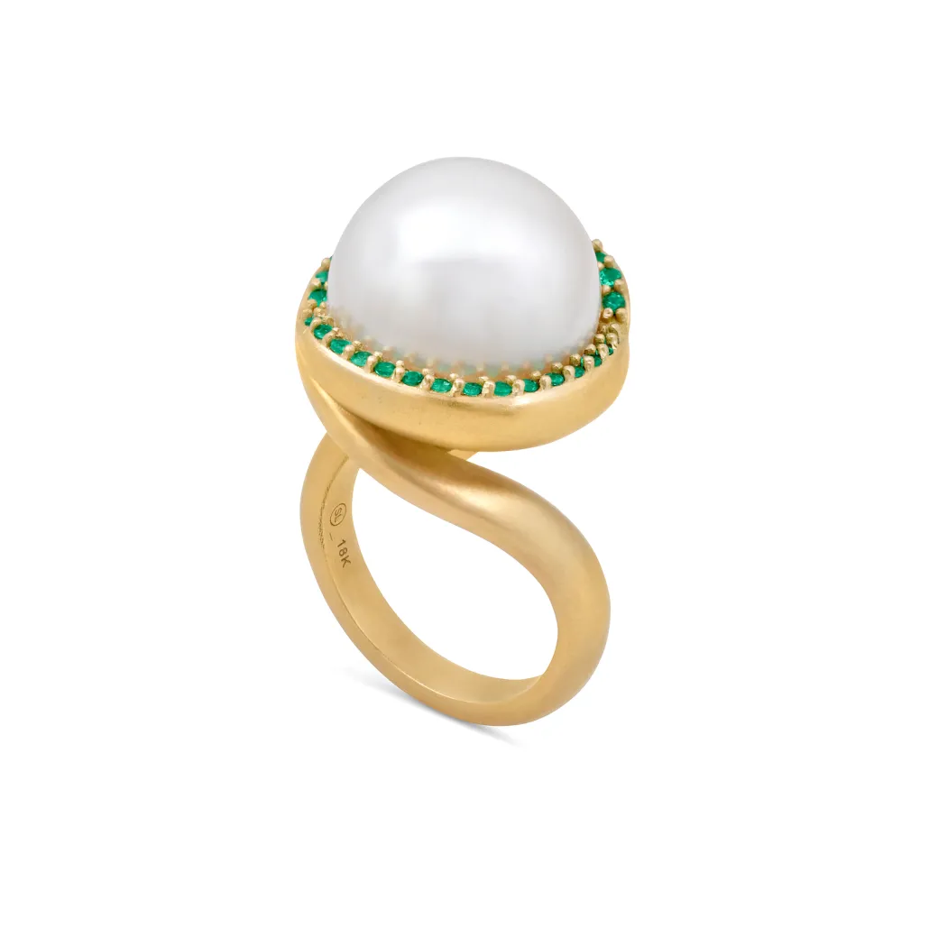 Sandy Leong Pearl Twist Cocktail Ring with Emerald Pavé Cheap